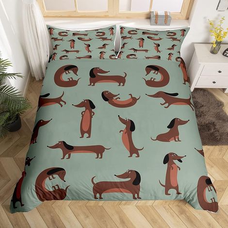 Teckel Housse de Couette Enfants Mignon Saucisse Chiens Parure de Lit 200x200cm Dessin Animé Animal Parure Housse de Couette Décor de Chambre Chiot Teckel Amant avec 2 Taie d'oreiller - 200x200cm (1/5)