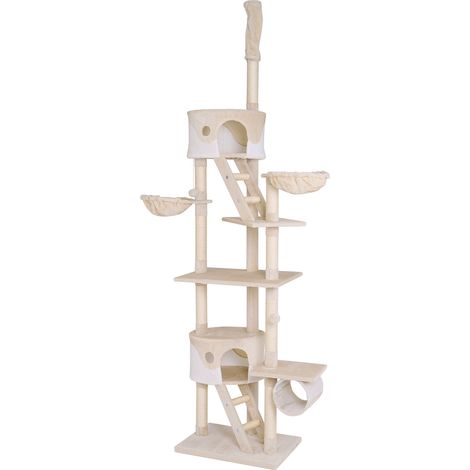 lionto Kratzbaum mit Deckenspanner, 230-250 cm großer Aktivitätsturm mit 2 Höhlen, 2 Liegemulden, Treppen & Spielbällen, beige/weiß