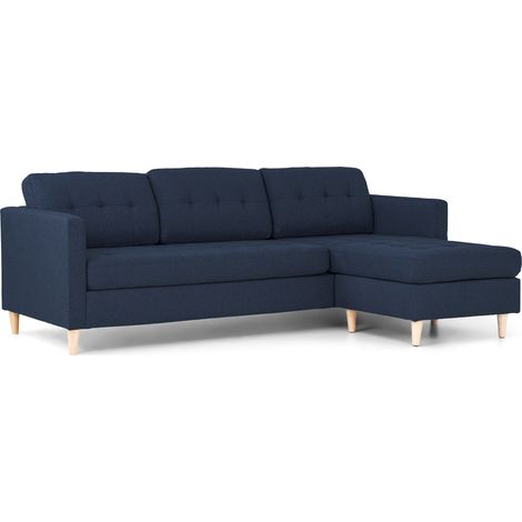 Marino Sofa, Chaiselongsofa rechts oder links gewendet in blauen Stoff mit Holzbeinen.