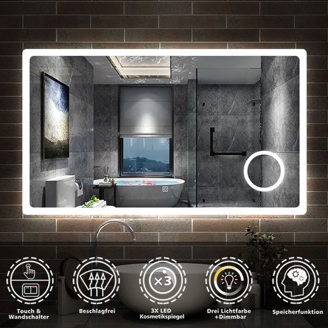 Badspiegel LED Badezimmerspiegel Wandspiegel Touch Beleuchtung Beschlagfrei+Kosmetikspiegel+3 Farben Dimmbar+LED Memory Funktion 120 x 70 cm