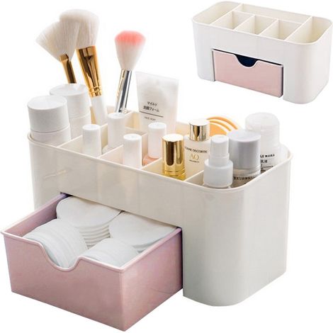Boîte à bijoux et accessoires de beauté avec tiroir, rose, en plastique, 6 compartiments, porte-pinceaux rose