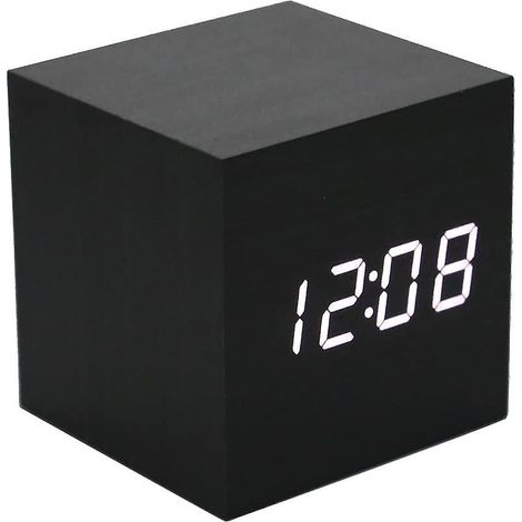 Réveil en bois Pxcl - Mini réveil numérique LED avec affichage de la température et de l'heure, 3 niveaux de luminosité et commande vocale. Idéal pour la maison et les voyages - Noir et blanc (1/5)