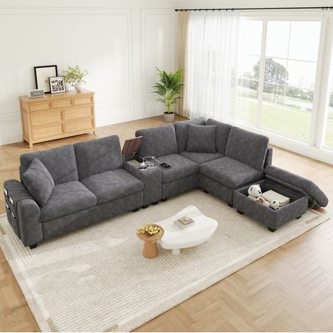 Sofá rinconero modular de 6 plazas en pana gris con chaise longue y almacenaje (1/5)