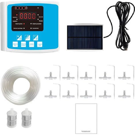 Kit d'irrigation goutte-à-goutte solaire/USB à double pompe, programmable pour 10 pots, intérieur et extérieur, autonome et écologique. (1/4)