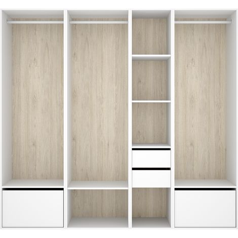Armoire dressing ouverte avec fond arrière réversible, 3 penderies avec 3 tringles,2 tiroirs et 2 portes chaussures, coloris blanc/naturel - Hauteur 204,5 x Longueur 218 x Profondeur 45 cm (1/5)