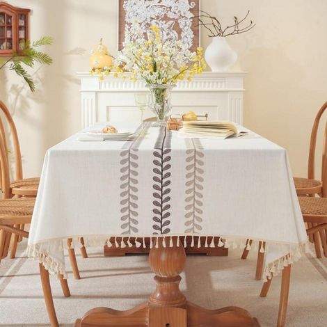 Nappe lavable coton lin avec pompons, rectangulaire, 140x140cm