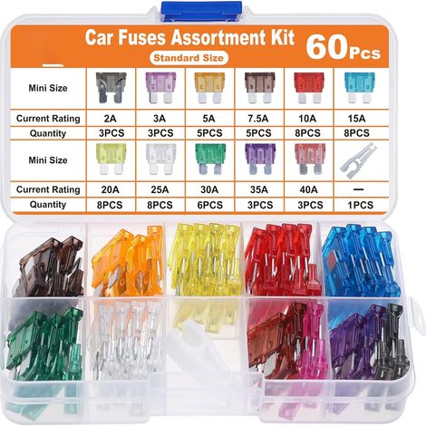 CCYKXA 60-teiliges Autosicherungsset – für Auto-, LKW-, Wohnmobil-, LKW- und Motorradsicherungen (2 A, 3 A, 5 A, 7,5 A, 10 A, 15 A, 20 A, 25 A, 30 A, 35 A, 40 A) – flache, mittelgroße Kfz-Sicherungen 