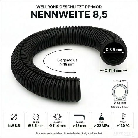 50m PP Wellrohr geschlitzt NW 8,5 Schwarz Innen-Ø 8,5 mm UV-beständig