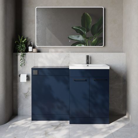 Napoli 390 Cento Deep Blue 1200mm 2 Door Vanity Unit Toilet Suite with Glide Basin - 1200mm - Matt Black 160mm HandleWithout Kingston Toilet Pan