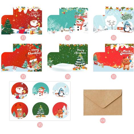 Cartes Argent Noel - Cartes Porte-Monnaie Fêtes - 6 Designs - Enveloppes Kraft et Autocollants - Format 24 x 9 cm - Lot de 30 (1/5)