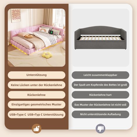 Canapé convertible 140x200, banquette-lit avec sommier à lattes, sans matelas, éclairage LED 16 teintes, chargeur USB-C, housse douce en fausse fourrure rose, literie d'appoint design. (1/5)