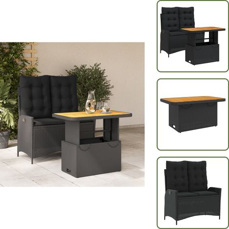 The Living Store Set comedor de jardín 2 pzas con cojines ratán sintético negro - Banco de jardín
