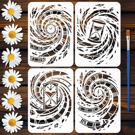 4pcs Pochoirs de Peinture Vortex Temporel avec Pinceau 21x29.7cm Pochoir Sablier Pochoir Réutilisable Modèles de Dessin en PET pour Peindre sur Bois Mur Sol Décoration Tissu Artisanat (1/5)