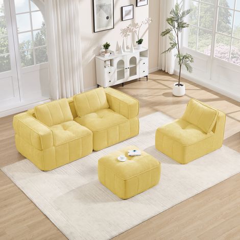 Divano modulare 3 posti 271/162 cm giallo con pouf, senza struttura rigida (1/5)