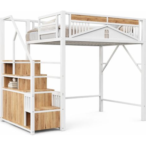 Cama alta de metal 140 x 200 cm blanca con escalera de almacenaje (1/5)