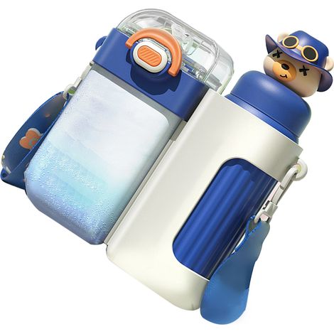 Trinkflasche mit Strohhalm, großes Fassungsvermögen, auslaufsicher, schön, tragbar, Doppeltrinkflasche für Kinder, blau (1/5)