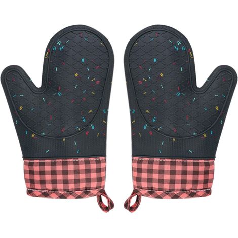 Ein bezauberndes Paar BPA-freier, wasserdichter Silikon-Küchenhandschuhe, hitzebeständig und waschbar, mit Baumwollfutter, zum Kochen, Backen und Grillen (2 Stück, schwarz).