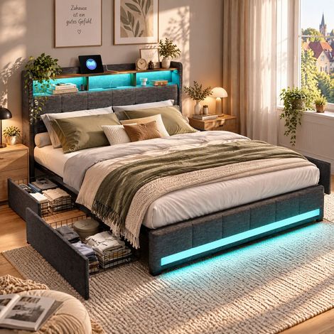 HYTKKBD - Lit Double 140x200 cm avec 4 Tiroirs,Lit Adulte avec Éclairage LED et Ports USB,Cadre de Lit avec Sommier à Lattes,Facile à Assembler,Tissu en Lin - Gris