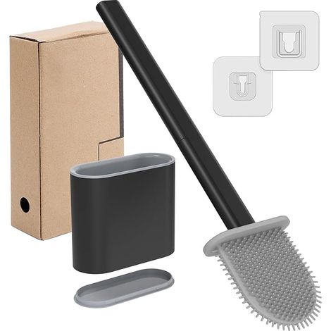 Toilet Brush Silicone, Flat Toilet Brush, Quick Dry Toilet Brush Set, Wall Mounted Toilet Brush with Vent Base, for Bathroom Toilet (Black) (1/5)