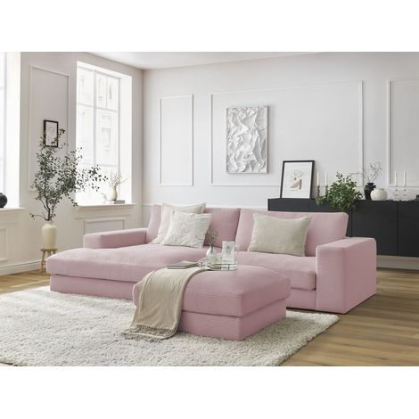 BOBOCHIC - Canapé d'angle fixe LEONARD velours côtelé avec pouf Angle gauche Violet (1/5)
