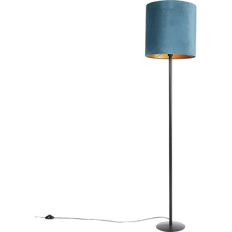 QAZQA Floor Lamp Black Velvet Lampshade Blue with Gold 40 cm -