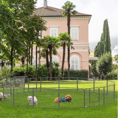 Parc pour chiots modulable 16 segments, enclos pliable avec porte verrouillable, acier gris HAVRYA (1/4)