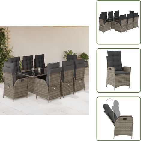 Chaise de jardin inclinable - vidaXL Ensemble à manger de jardin 9 pcs coussins gris résine tressée - Coussin de siège (1/5)