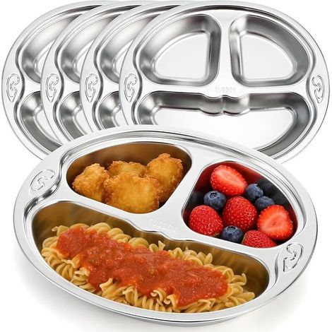Lot de 4 assiettes divisées 18/10, 3 sections, contrôle des portions, plateau de service compact, incassable pour enfants, mangeurs difficiles, campeurs (1/5)