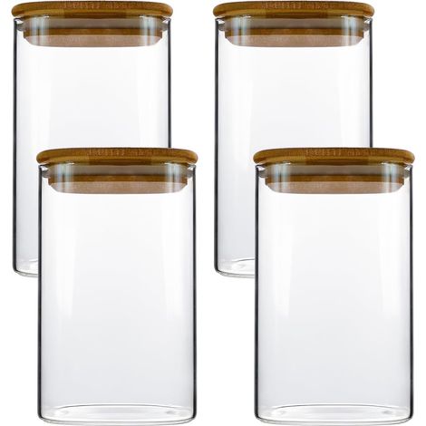 Lot de 4 Bocaux en Verre Hermétique - Bocal en Verre avec Couvercle - Pot a Epices en Verre et Bois - Boite Rangement Cuisine Verre(1000ml) (1/5)