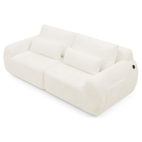 2-Sitzer Sofa Beige, kompaktes Loveseat Sofa aus weichem Kunstfell mit USB Anschluss und Seitentasche, kleines Sofa für Wohnzimmer Schlafzimmer