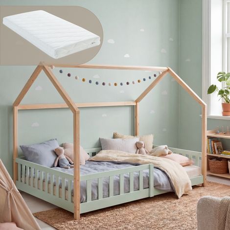 Hausbett Hesel mit Matratze und Rausfallschutz 120x200 cm Mintgrün/Natur [en.casa] (1/5)