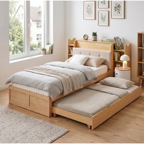 Lit gigogne 90x200 cm avec rangement et étagères, en bois, naturel, sans matelas (1/5)
