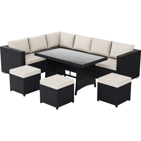 Belgrave Rattan Garden Furniture 9 Seater Outdoor Corner Sofa Stool Table Set, Black-No-Cover