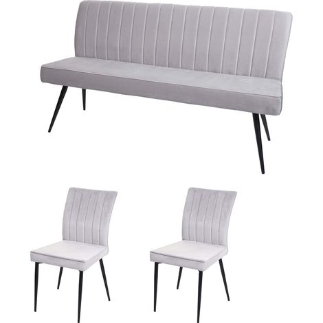 Set panca con 2x sedie sala da pranzo soggiorno HHG-480 metallo verniciato velluto grigio chiaro