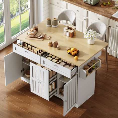 Isola da cucina 120x45x92 cm naturale e bianca in MDF con piano ribaltabile e ruote bloccabili (1/5)