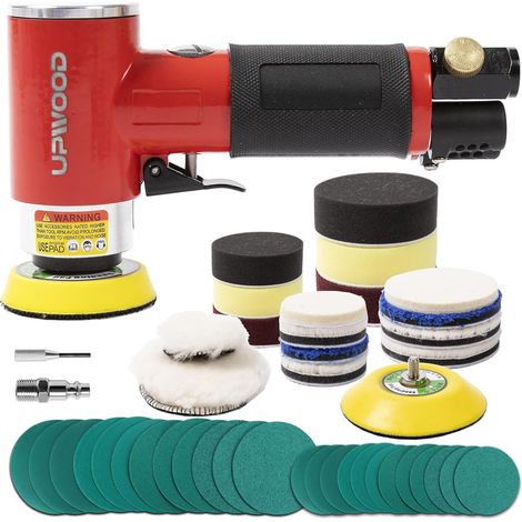 Mini Ponceuse Pneumatique 2 Pouces 3 Pouces, Polisseuse Pneumatique pour Carrosserie, Polissage de Phares, Nettoyage de Peinture avec 24 Papiers de Ponçage, 16 Roues de Ponçage (1/5)