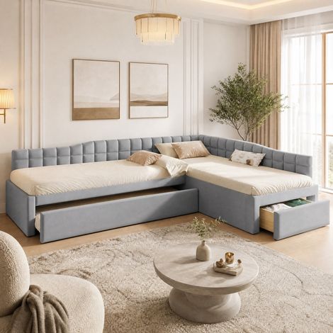 Lit enfant 90x200 cm en tissu gris, avec rangement pour chambre FloraGrace (1/5)