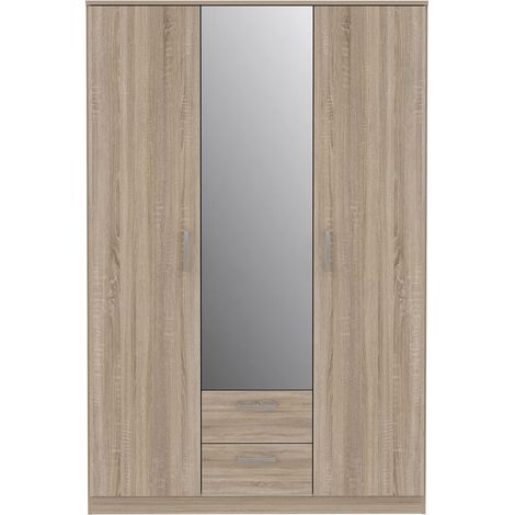 Armoire 120 130, 3 Portes 2 Tiroirs avec Miroir, Style Scandinave, Chêne Sonoma, 123x185x53cm (1/4)