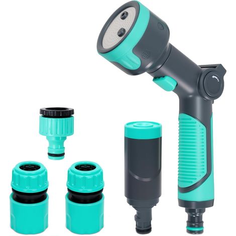 Multifunctional Water Spray Gun with Connector, 6 Adjustable Nozzles with Flow Control for Watering Car Plants Lawns Pet Washing (Lake Blue) (1/5)
