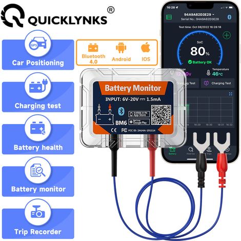 QUICKLYNKS BM6 12V Bluetooth-Batterietester – Batterieanalysator und Ladesystem mit integriertem GPS für Autos und Motorräder – Überwachung per iOS/Android-App – Alovez