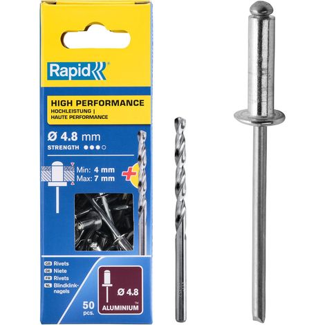 RAPID - Rivets Hautes Performances - Ø4,8 x 10mm Aluminium - Boîte 50, fixation solide entre les matériaux, lien durable, Inclu 1 Forêt de perçage - (5000387)
