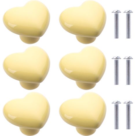 6Pcs Ceramic Cabinet Knobs Heart Shape Ceramic Cupboard Drawer Knobs Pulls Handles for Bookcase Kitchen Cabinets (Light Yellow) (1/4)