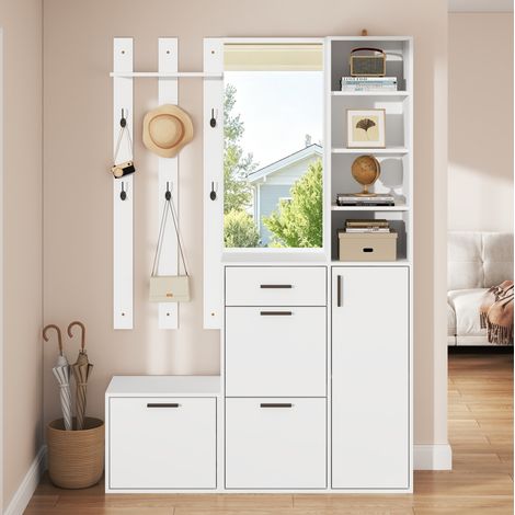 Appendiabiti da ingresso in MDF e truciolare bianco con 6 ganci, 120 x 30 x 178 cm, con specchio e scarpiera integrata (1/5)