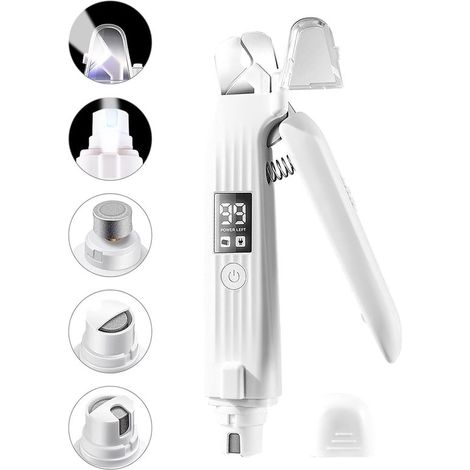 Tagliaunghie e lima per unghie ricaricabile 2 in 1 per cani e gatti con diversi accessori per la limatura e protezione dagli schizzi. Luce LED accesa. (1/5)