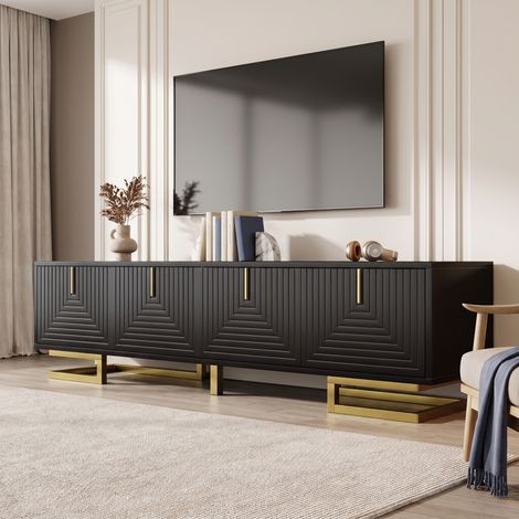 Meuble TV 160 cm avec 4 Portes Panneau de Particules Style Moderne Noir et Or (1/5)