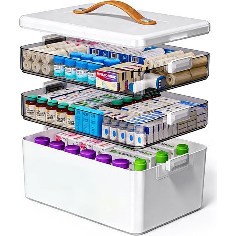 Boîte à médicaments de rangement, boîte à médicaments à 3 niveaux avec poignée, grande boîte à médicaments, plateau amovible, armoire à médicaments, pour la famille, le bureau, l'école et les voyages (1/5)
