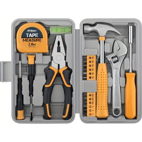 Kit d'outils universel 20 pièces - Boîte à outils en plastique jaune, sans électricité ni piles, matériau durable, idéal pour dortoirs universitaires, appartements et chambres, parfait pour les femmes (1/5)