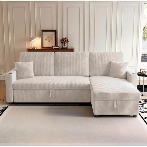 Divano angolare convertibile con contenitore, 3 posti, velluto a coste beige DESVIAE (1/5)