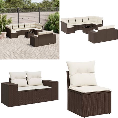 vidaXL Salon de jardin 10 pcs avec coussins marron résine tressée
