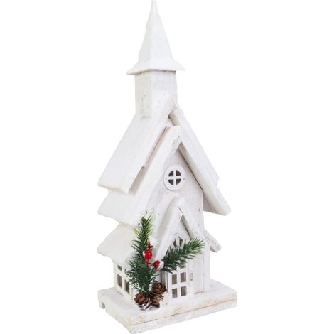 Beleuchtete Weihnachtsdekoration – Schneebedeckte Kirche mit LEDs, Maße 38 cm, Farbe Weiß, batteriebetrieben (1/4)